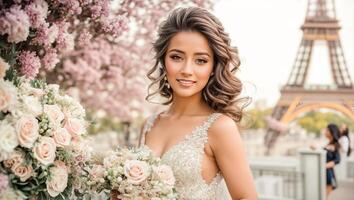 ai généré magnifique la mariée dans une blanc robe contre le toile de fond de le Eiffel la tour photo