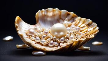 ai généré magnifique coquille avec perles sur une foncé Contexte photo