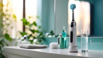 ai généré électrique brosse à dents dans le salle de bains photo