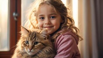 ai généré peu fille avec mignonne chat à Accueil portrait photo