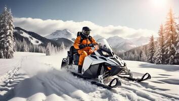 ai généré coureurs balade une motoneige dans une hiver costume dans une magnifique magnifique neigeux forêt, montagnes photo