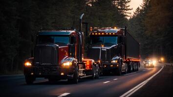 ai généré moderne un camion conduite sur le route à nuit dans été photo