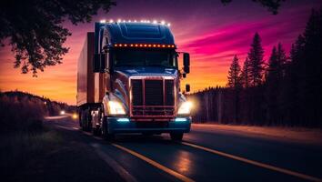 ai généré moderne un camion conduite sur le route à nuit dans été photo