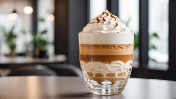 ai généré magnifique latté café avec fouetté crème dans une verre dans une café photo