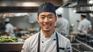 ai généré content asiatique Masculin cuisinier dans restaurant cuisine photo