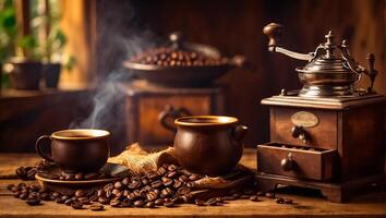 ai généré tasse de café, céréales ancien Contexte photo