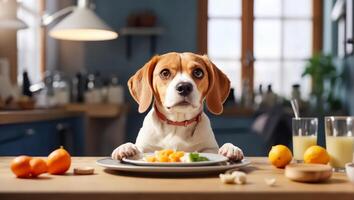 ai généré mignonne chien séance dans le cuisine à le table photo