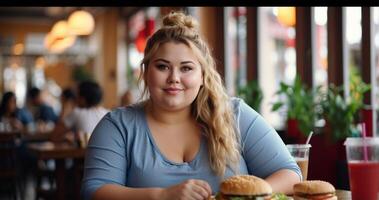 ai généré portrait de une très graisse femme dans une café photo