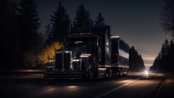 ai généré moderne un camion conduite sur le route à nuit dans été photo