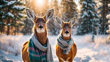 ai généré mignonne cerf dans le hiver forêt photo