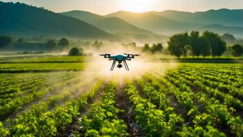 ai généré drone mouches et Vaporisateurs vert les plantes dans le des lits photo