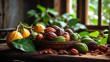 ai généré mûr cacao des fruits dans le cuisine photo