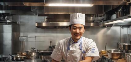 ai généré content asiatique Masculin cuisinier dans restaurant cuisine photo