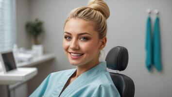 ai généré magnifique fille dans une dentaire chaise dans une clinique photo