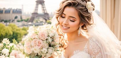 ai généré magnifique la mariée dans une blanc robe contre le toile de fond de le Eiffel la tour photo