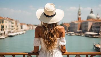 ai généré une fille dans une chapeau et robe d'été avec sa retour à le caméra contre le toile de fond de Venise photo