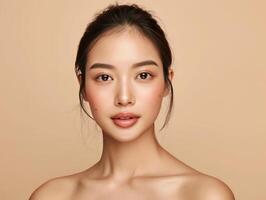 ai généré magnifique Jeune asiatique femme avec nettoyer Frais peau sur beige arrière-plan, visage se soucier, faciale traitement, cosmétologie, beauté et spa, asiatique femmes portrait photo