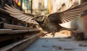 ai généré une moineau en volant faible plus de une ville rue avec bâtiments dans le Contexte photo