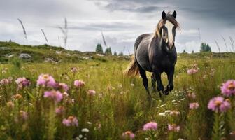 ai généré cheval dans le Prairie avec rose fleurs sur une nuageux journée photo