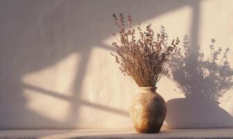 ai généré bouquet de séché fleurs dans osier vase sur blanc mur Contexte photo