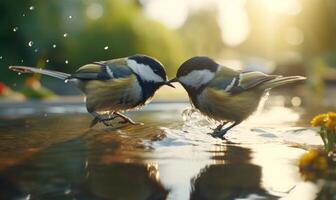 ai généré génial mésange, parus majeur, Célibataire oiseau sur eau, Warwickshire photo