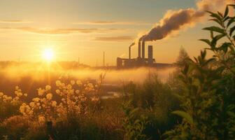 ai généré industriel paysage avec cheminée à lever du soleil. énergie génération et lourd industrie photo