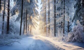 ai généré magnifique hiver paysage avec neige couvert des arbres dans forêt à lever du soleil. photo