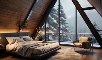 ai généré moderne chambre intérieur avec une grand fenêtre surplombant le hiver forêt photo