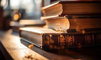 ai généré vieux livres sur une en bois table dans le bibliothèque, allumé par le Soleil photo