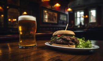 ai généré sandwich avec Bière sur en bois table dans pub, doux concentrer Contexte photo