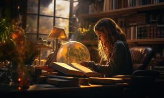 ai généré Jeune femme séance dans une bibliothèque et en train de lire une livre avec une globe photo