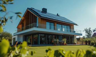 ai généré moderne maison avec solaire panneaux installée sur le toit. moderne maison avec solaire panneaux installée sur le toit. photo