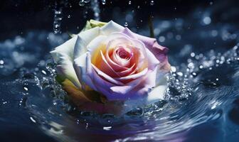 ai généré magnifique Rose dans eau, fermer. floral Contexte. arc en ciel coloré Rose photo
