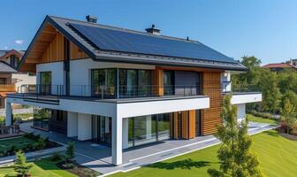 ai généré moderne maison avec solaire panneaux installée sur le toit. moderne maison avec solaire panneaux installée sur le toit. photo