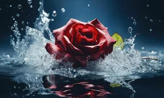 ai généré magnifique rouge Rose avec l'eau gouttes sur une foncé bleu Contexte. photo