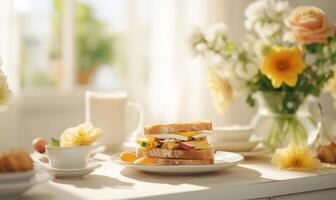 ai généré petit déjeuner avec des sandwichs et jus sur le table dans le Matin. photo