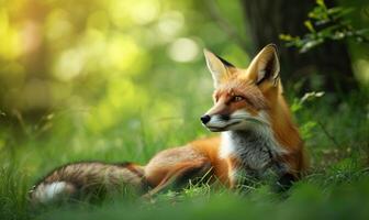 ai généré rouge Renard séance sur le herbe dans le forêt photo