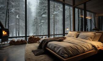 ai généré moderne chambre intérieur avec une grand fenêtre surplombant le hiver forêt photo