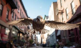 ai généré une moineau mouches dans le air sur une Contexte de bâtiments. photo