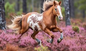 ai généré magnifique baie cheval galopant dans le bruyère dans l'automne. photo