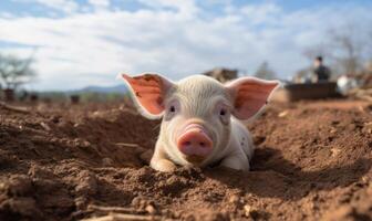 ai généré mignonne peu porcelet sur une ferme à le coucher du soleil. concept de agriculture et agriculture. photo