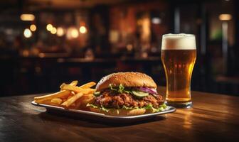 ai généré Hamburger avec une verre de Bière sur une table dans une pub photo