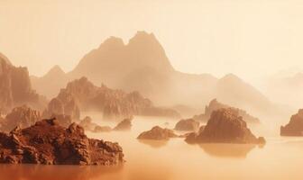 ai généré brumeux paysage marin avec montagnes et mer à lever du soleil. photo