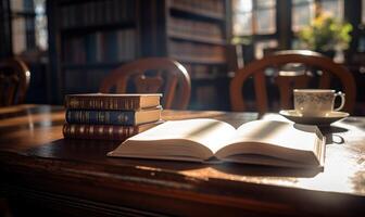 ai généré ouvert livre sur une en bois table dans une bibliothèque. sélectif se concentrer. photo