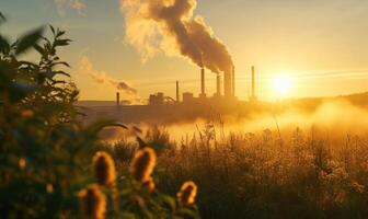 ai généré industriel paysage avec cheminée à lever du soleil. énergie génération et lourd industrie photo