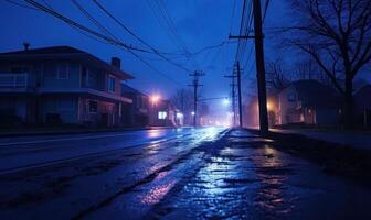 ai généré ville rue à nuit avec brouillard, lumières et silhouette de Maisons. photo