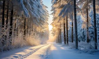 ai généré magnifique hiver paysage avec neige couvert des arbres dans forêt à lever du soleil. photo