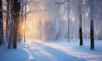ai généré magnifique hiver paysage avec neige couvert des arbres dans forêt à lever du soleil. photo
