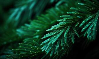 ai généré gouttes de pluie sur le feuilles de le épicéa, fermer photo