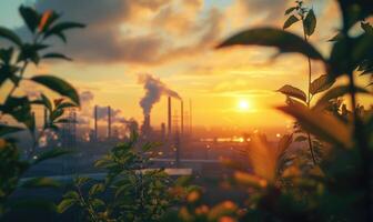 ai généré industriel paysage avec cheminée à lever du soleil. énergie génération et lourd industrie photo